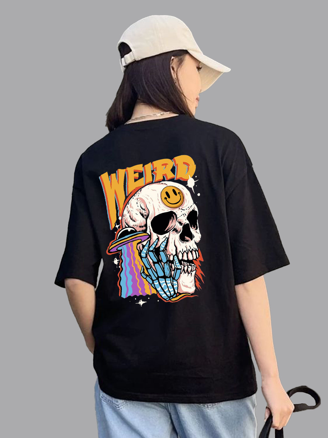 Broon Women Printed Oversize Round Neck Black T-Shirt
