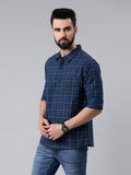 Navy Blue Checked Pure Cotton Casual Full Sleeve Shirt