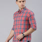 Men Navy and Red Checked Cotton Blend Casual Full Sleeve Shirt