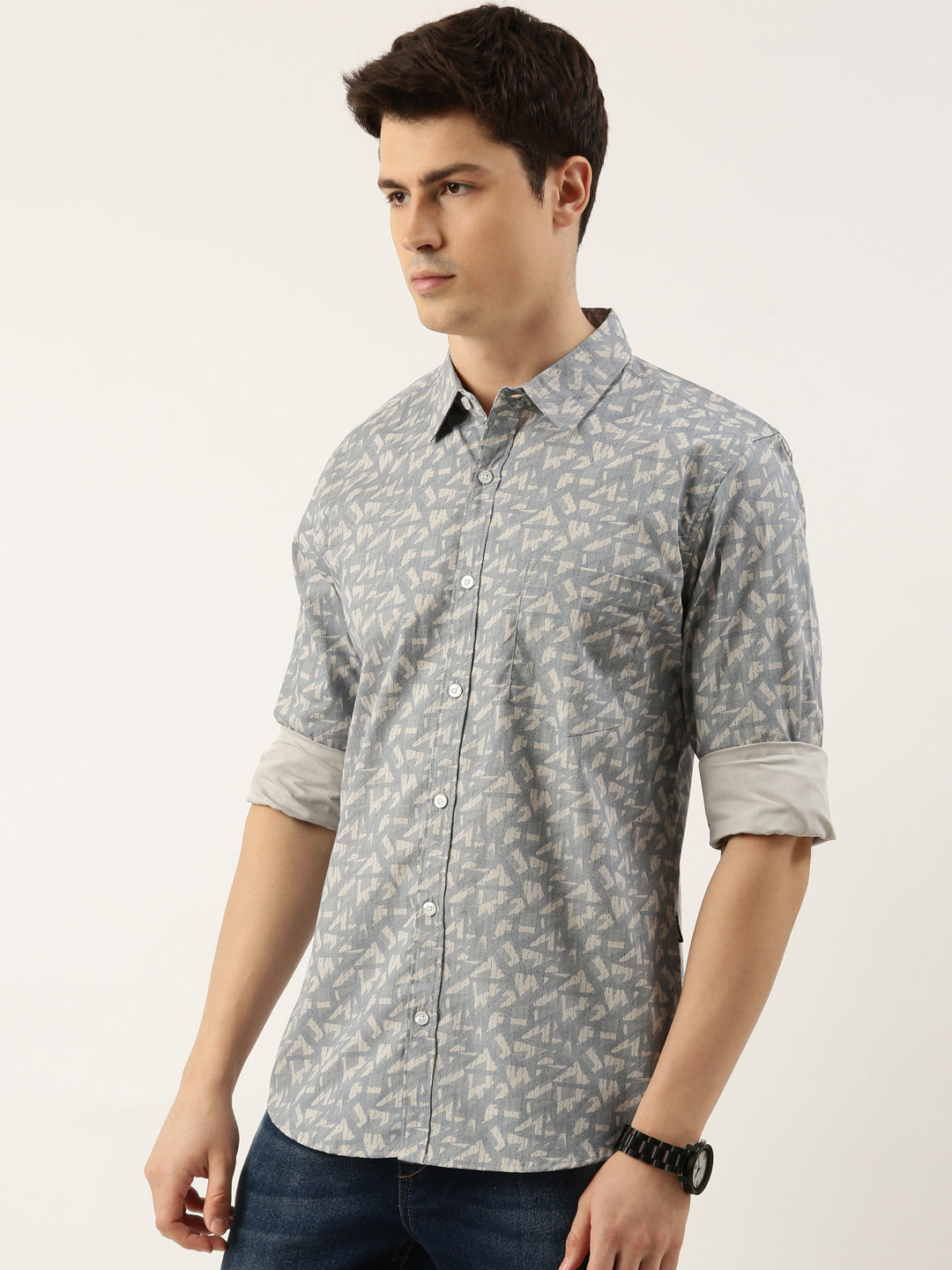 Men Light Blue Printed Pure Cotton Full Sleeve Casual Shirt