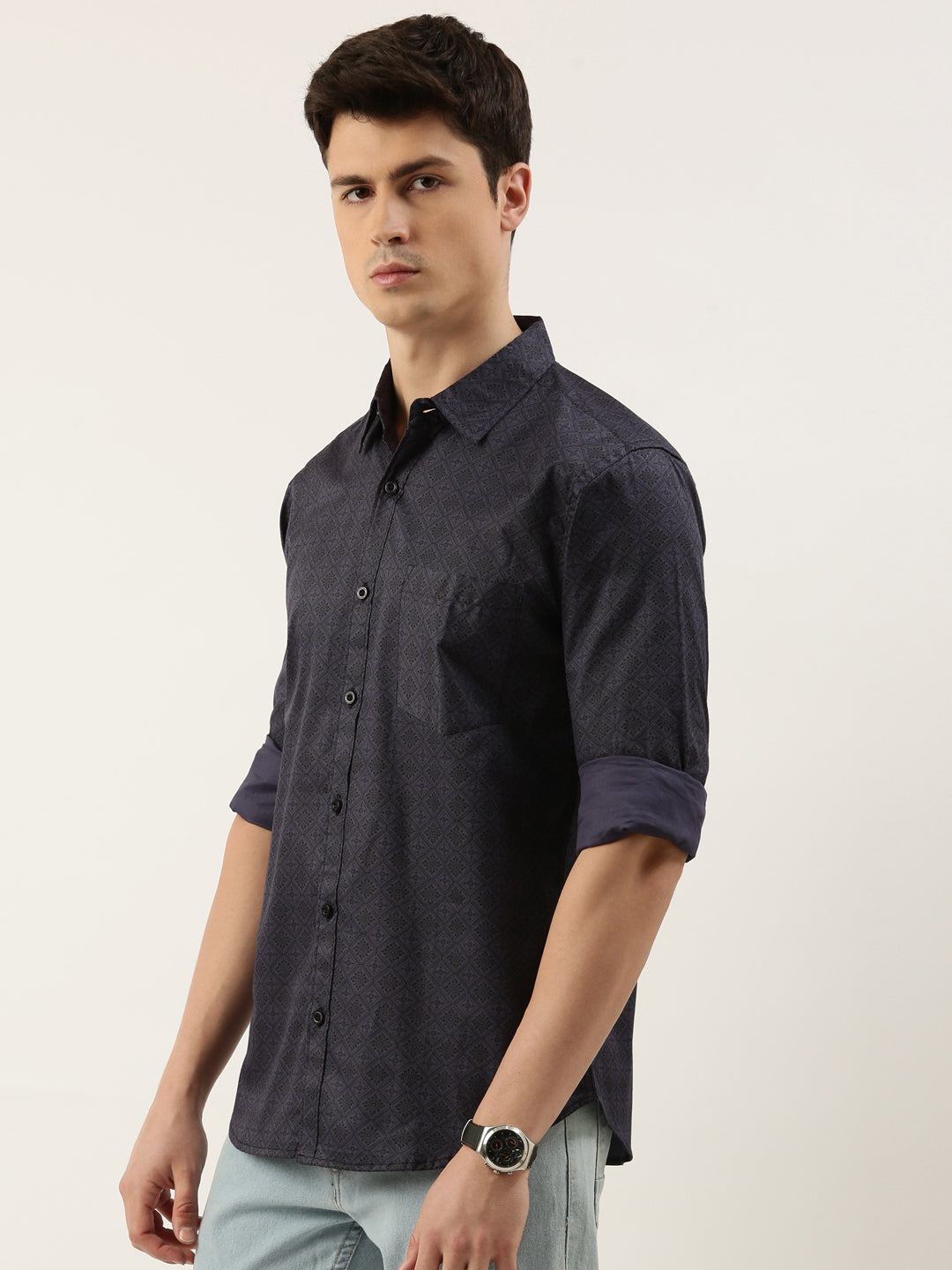 Men Navy Blue Printed Pure Cotton Full Sleeve Casual Shirt