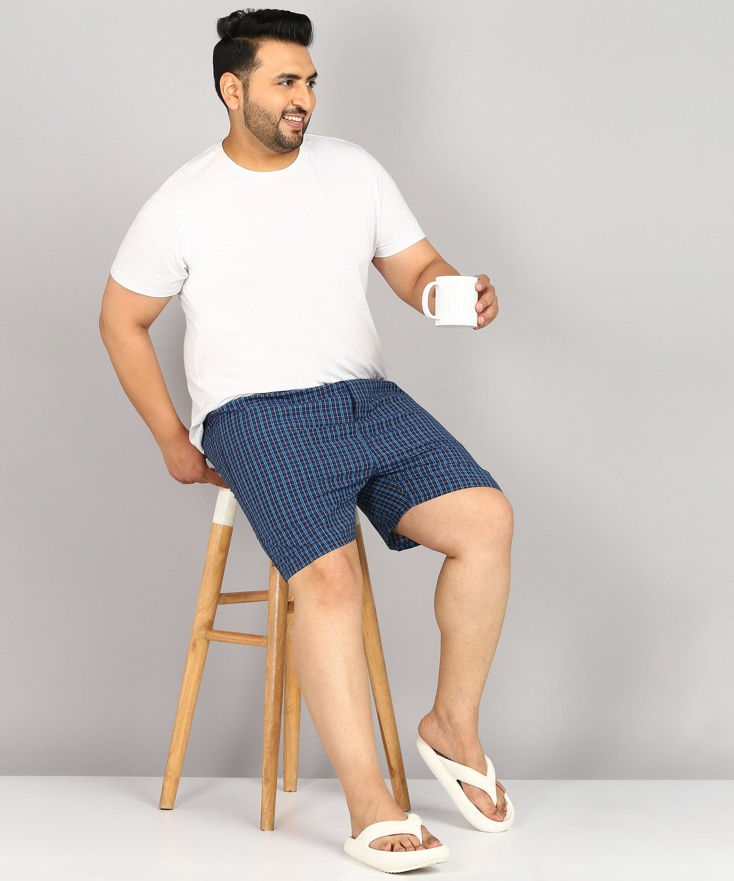 Men Plus Size Navy Blue and Blue Checked Boxer