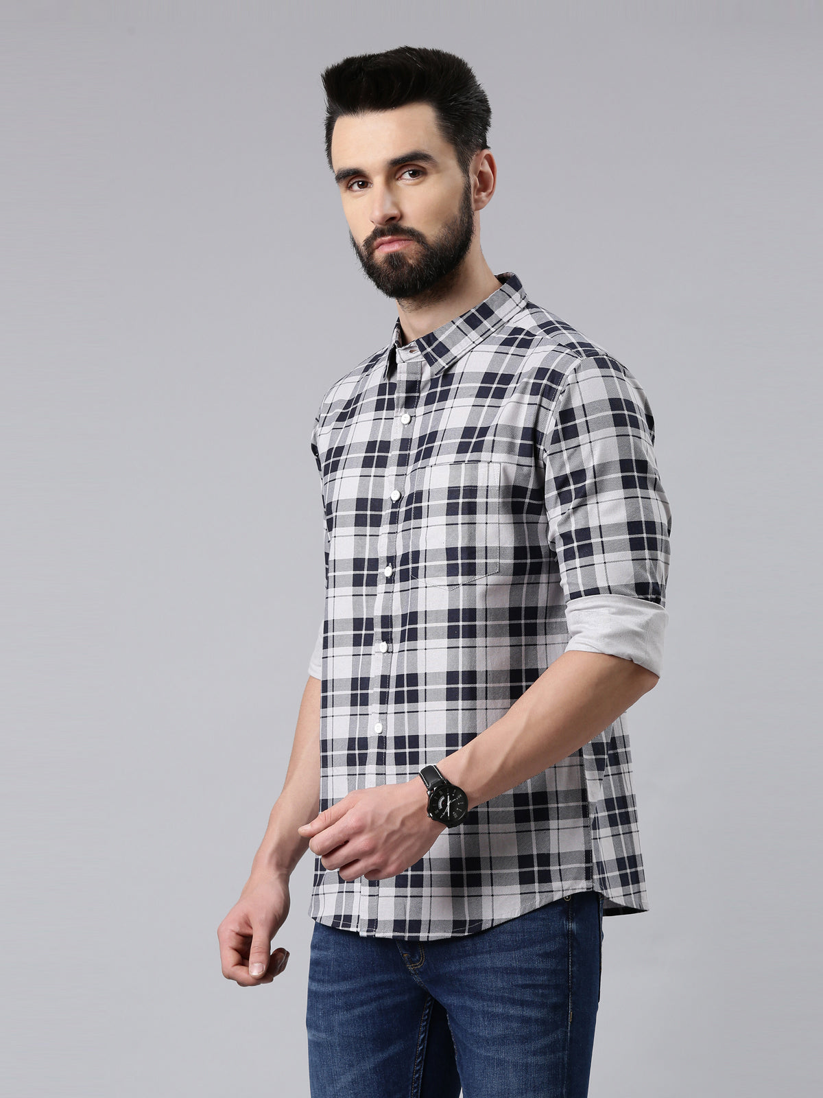Grey Checked Pure Cotton Casual Full Sleeve Shirt