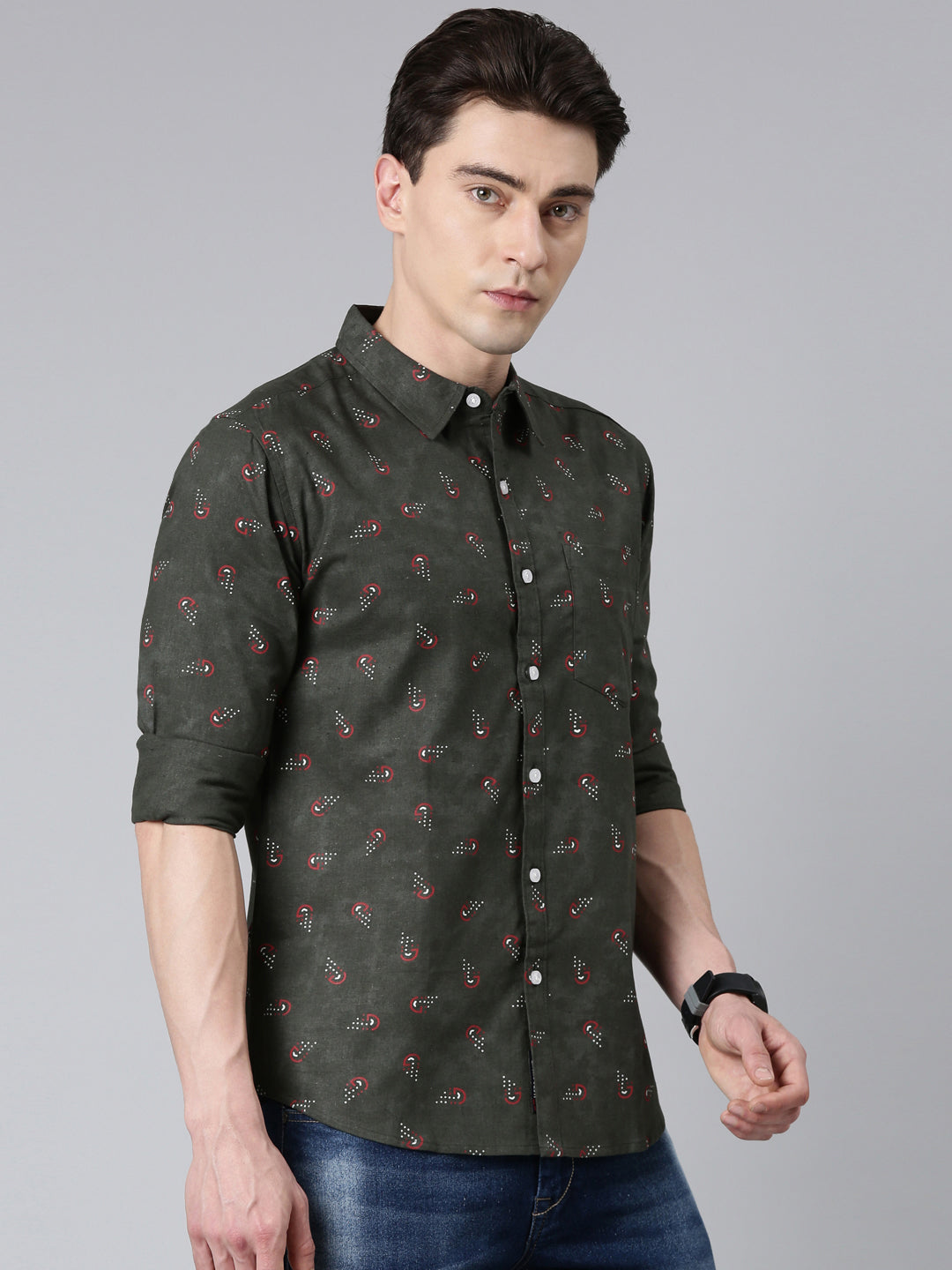 Dark Green printed Pure Cotton Full Sleeve Shirt