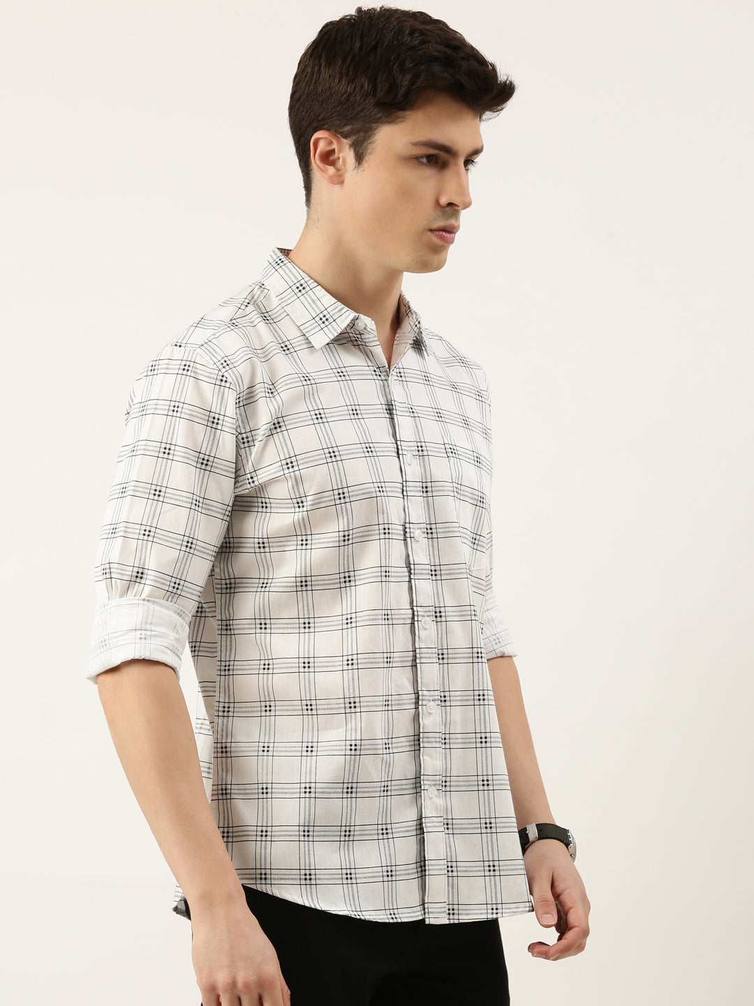 Men White Checked Pure Cotton Full Sleeve Casual Shirt