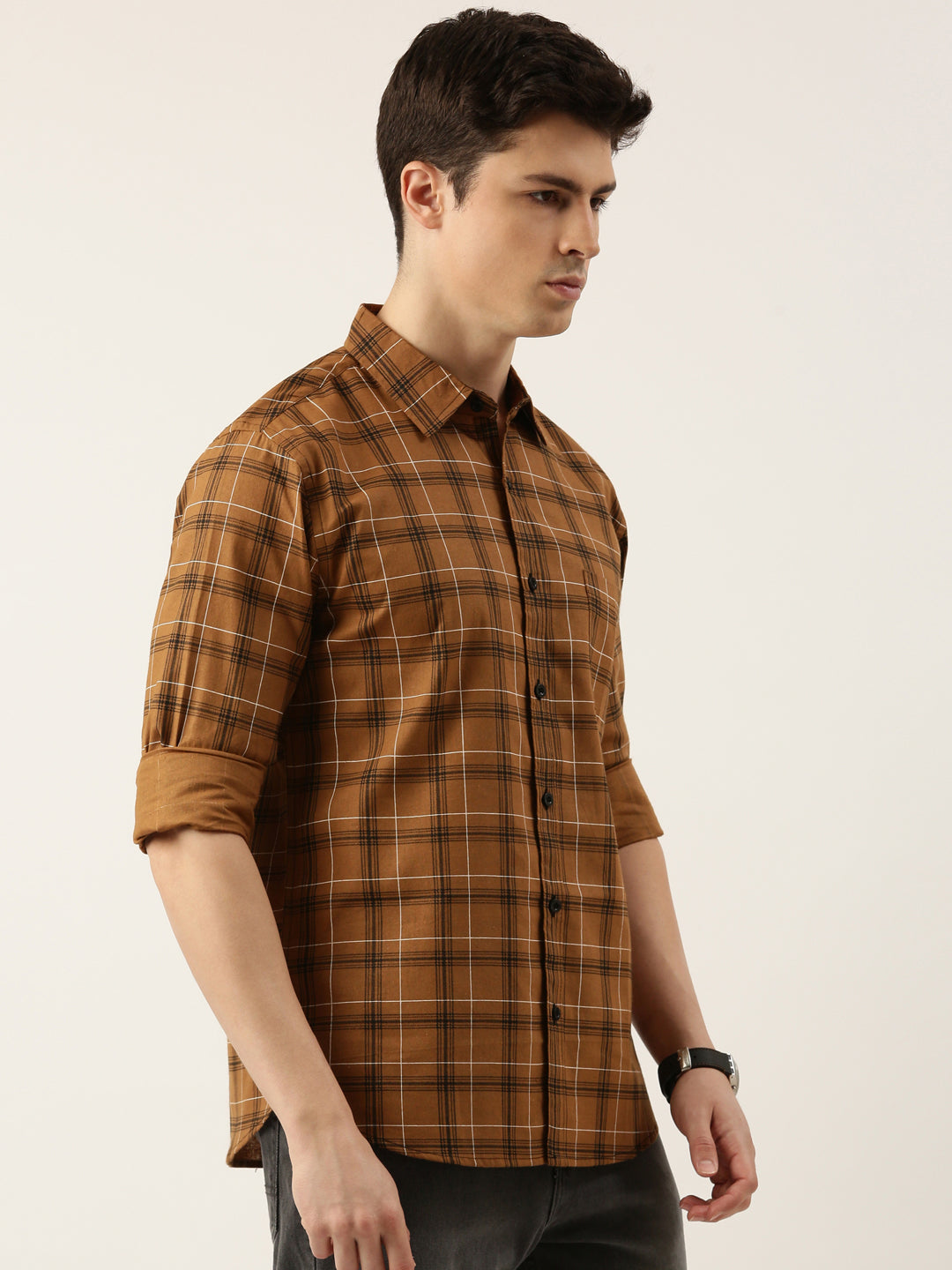 Men Mustard Checked Pure Cotton Full Sleeve Casual Shirt