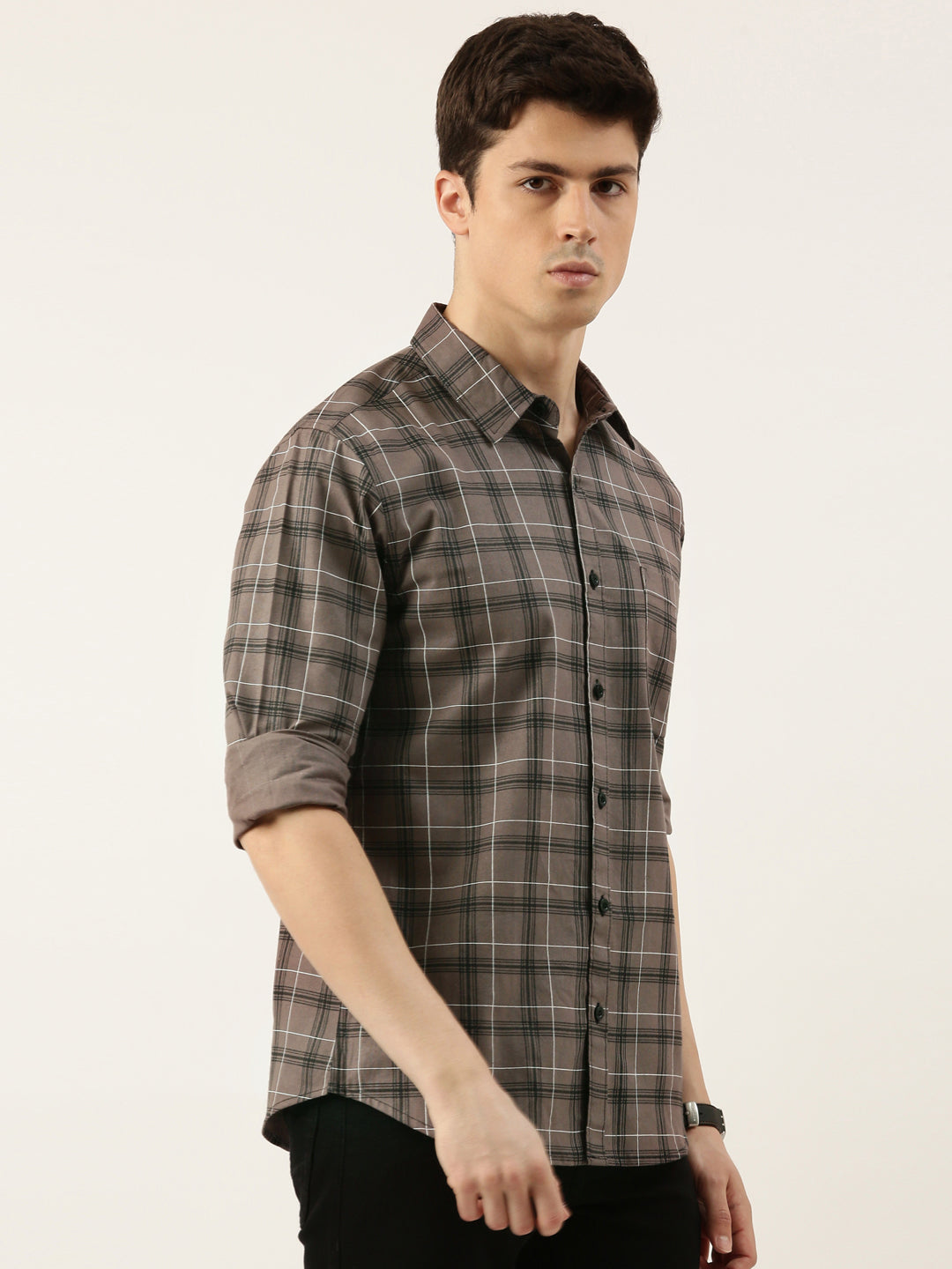 Men Grey Checked Pure Cotton Full Sleeve Casual Shirt