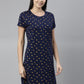 CURARE Women Printed Round Neck Navy Blue LongTees