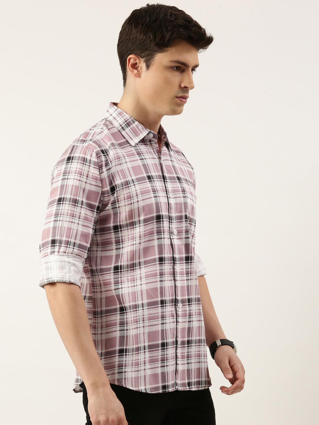 Men Dusty Pink Checked Pure Cotton Full Sleeve Casual Shirt