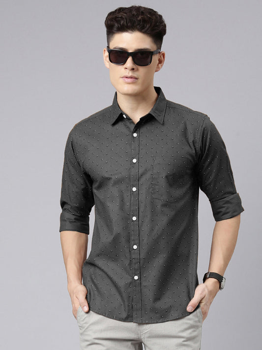 Men Dark Grey Printed Pure Cotton Full Sleeve Casual Shirt