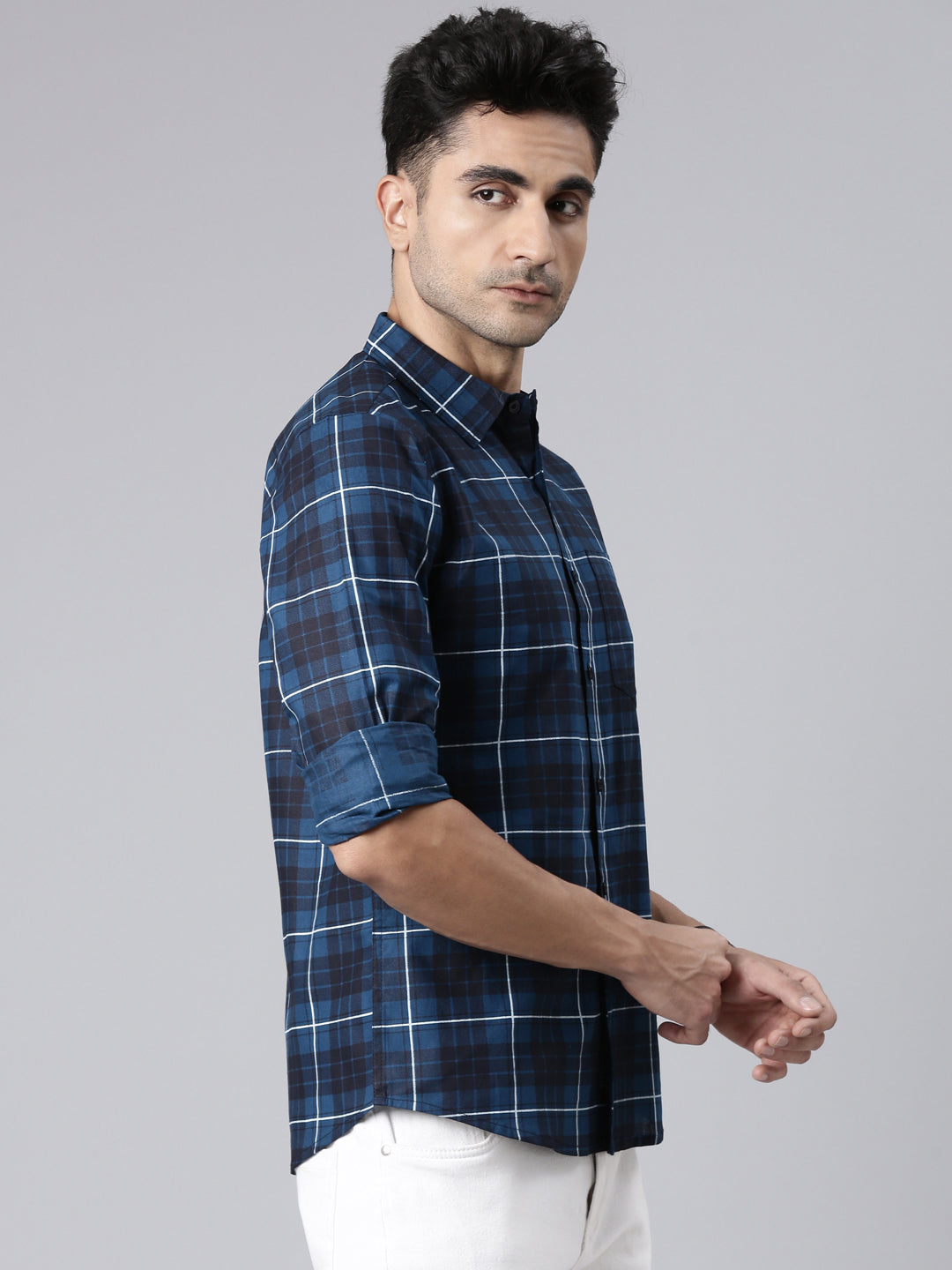Men Navy Blue Printed Pure Cotton Full Sleeve Casual Shirt