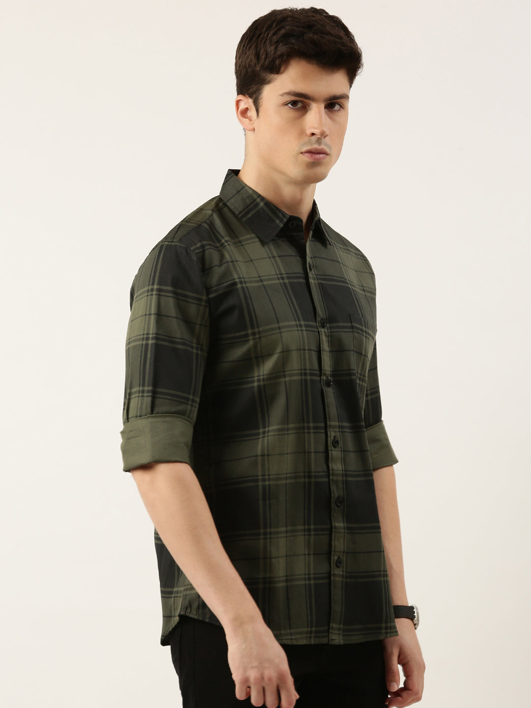 Men Olive and Black Checked Pure Cotton Full Sleeve Casual Shirt