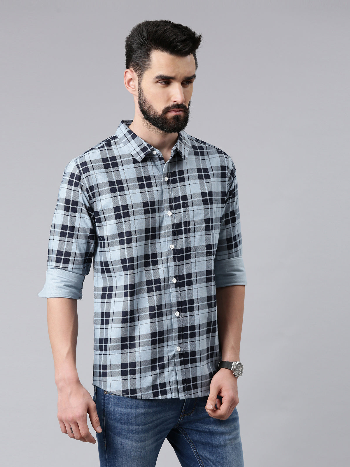 Light Blue Checked Pure Cotton Casual Full Sleeve Shirt