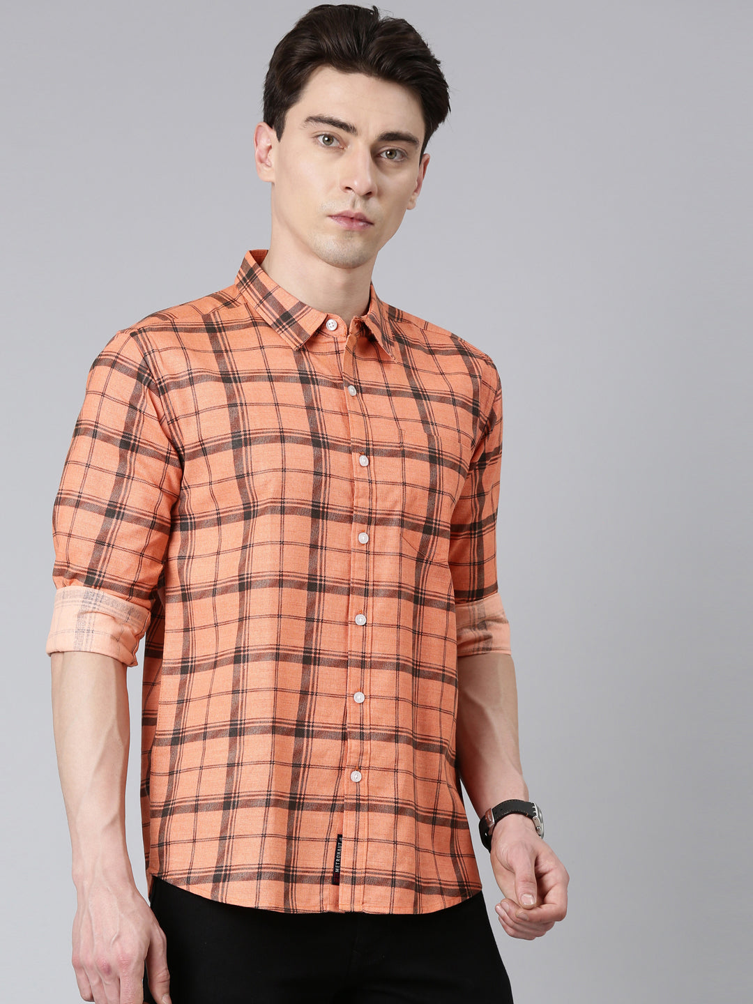 Orange Checkered Pure Cotton Full Sleeve Shirt