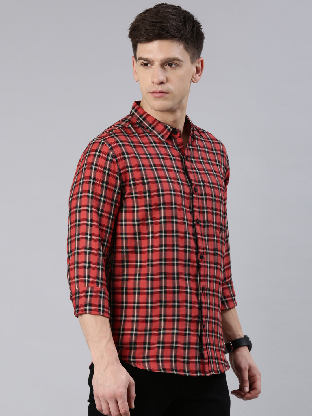 Men Orange Checked Cotton Blend Casual Full Sleeve Shirt