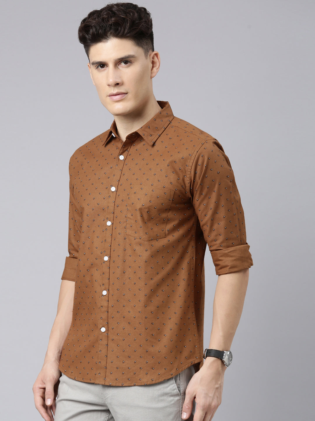 Men Brown Printed Pure Cotton Full Sleeve Casual Shirt