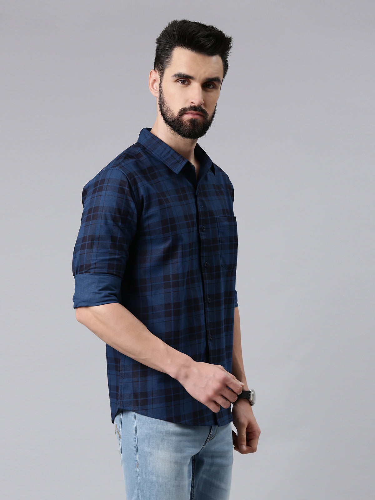 Dark Blue Checked Pure Cotton Casual Full Sleeve Shirt