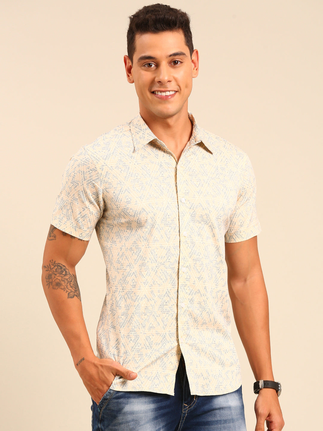 JOVEN Men Beige Printed Casual Lycra Shirt ( No Returns )