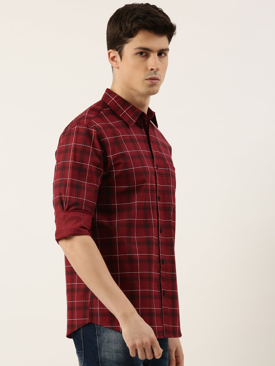 Men Maroon Checked Pure Cotton Full Sleeve Casual Shirt