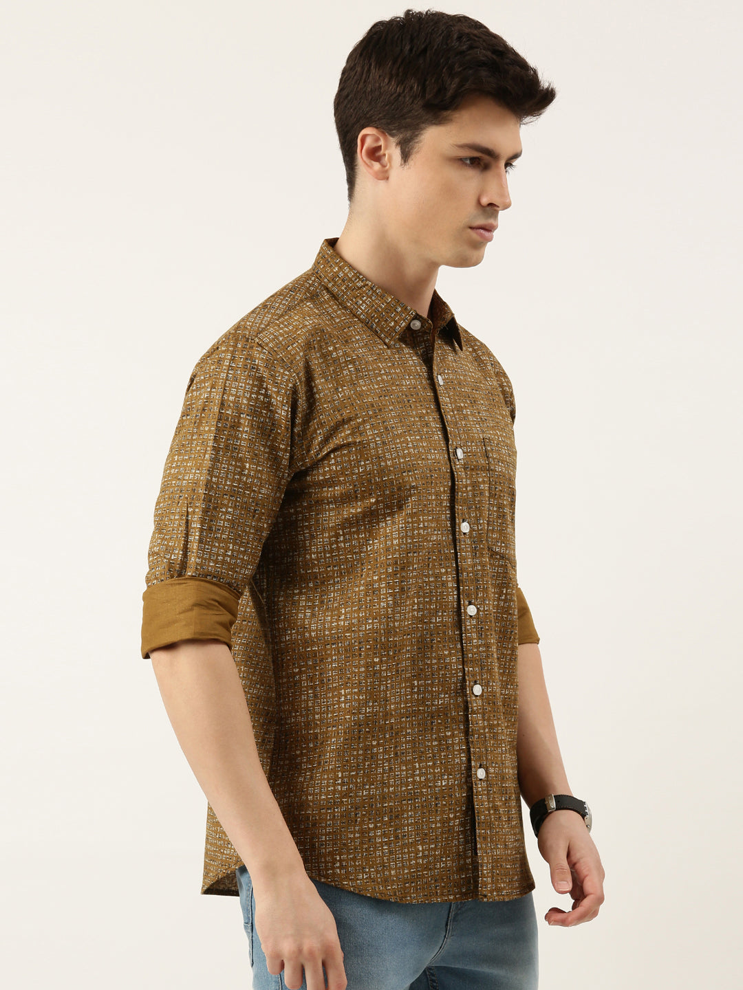 Men Brown Printed Pure Cotton Full Sleeve Casual Shirt