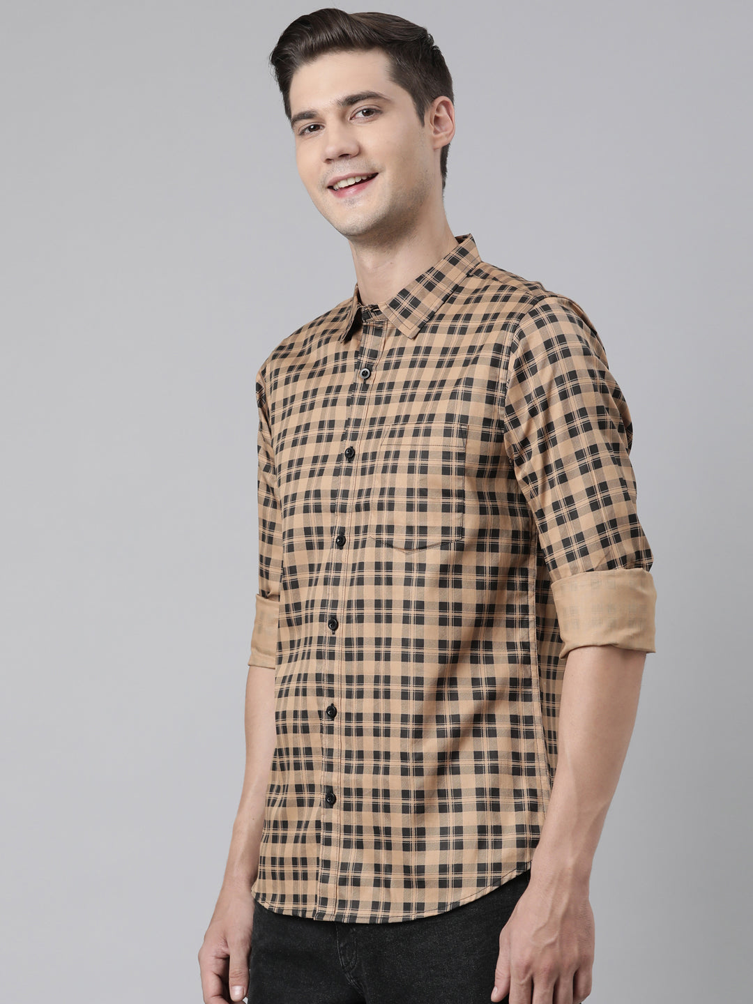 BROON Men Brown And Black Checkered Pure Cotton Full Sleeve Shirt