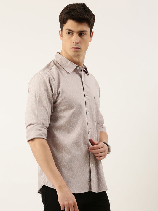 Men Grey Printed Pure Cotton Full Sleeve Casual Shirt