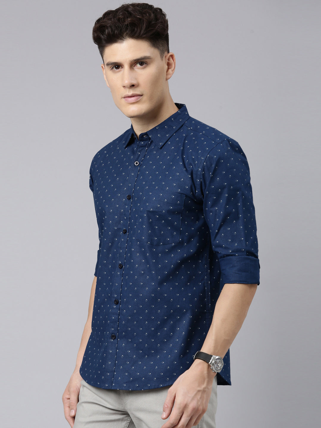 Men Dark Blue Printed Pure Cotton Full Sleeve Casual Shirt