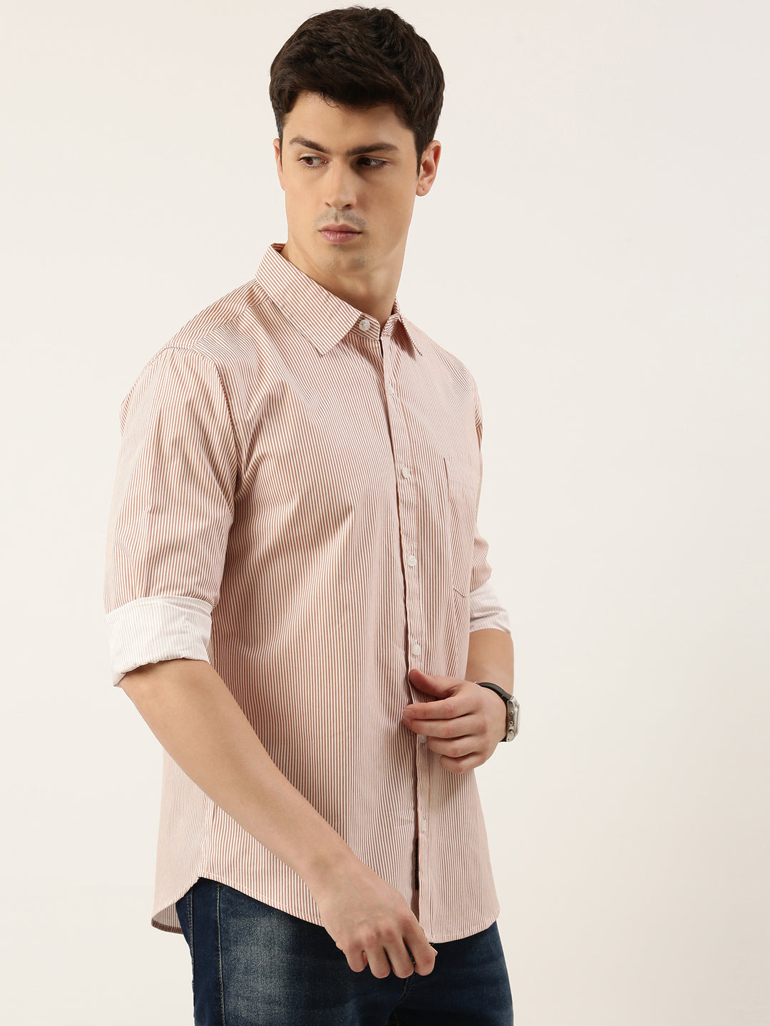 Men Rust Striped Pure Cotton Full Sleeve Casual Shirt