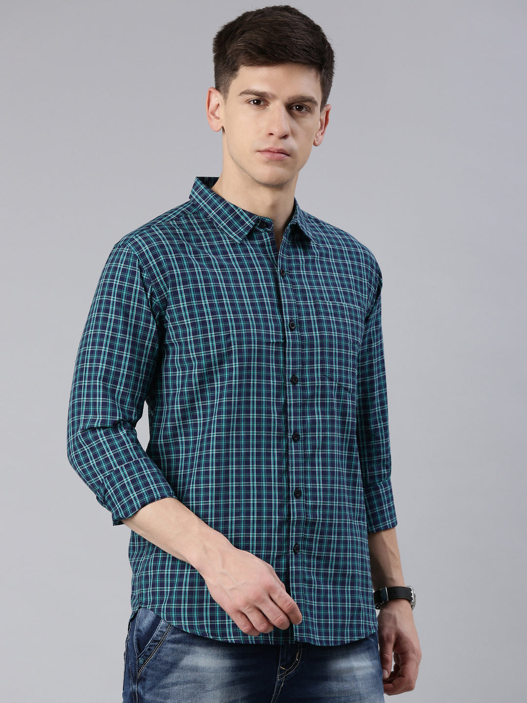 Men Green Checked Cotton Blend Casual Full Sleeve Shirt