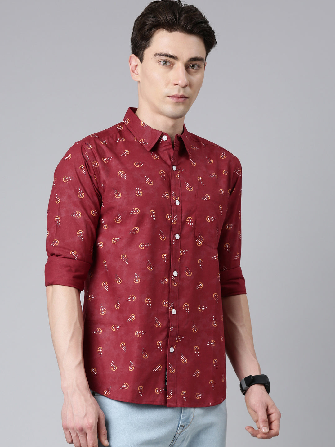 Maroon printed Pure Cotton Full Sleeve Shirt