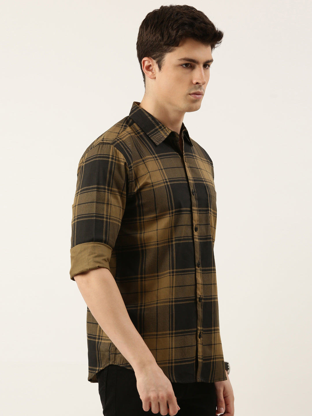 Men Mustard and Black Checked Pure Cotton Full Sleeve Casual Shirt