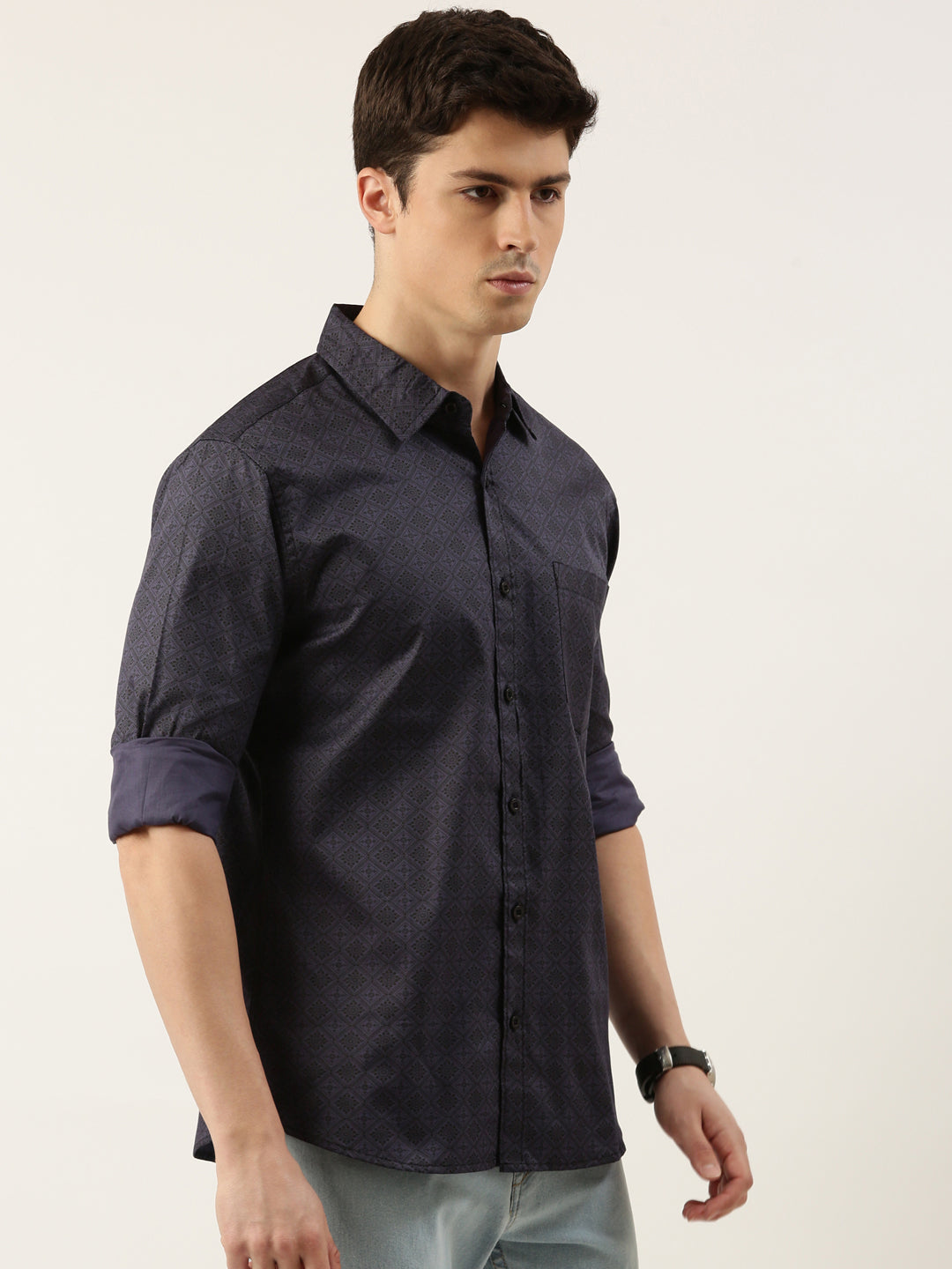 Men Navy Blue Printed Pure Cotton Full Sleeve Casual Shirt
