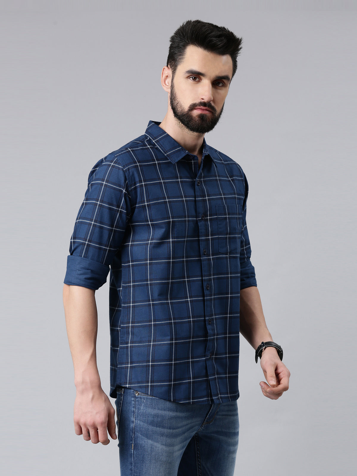 Navy Blue Checked Pure Cotton Casual Full Sleeve Shirt