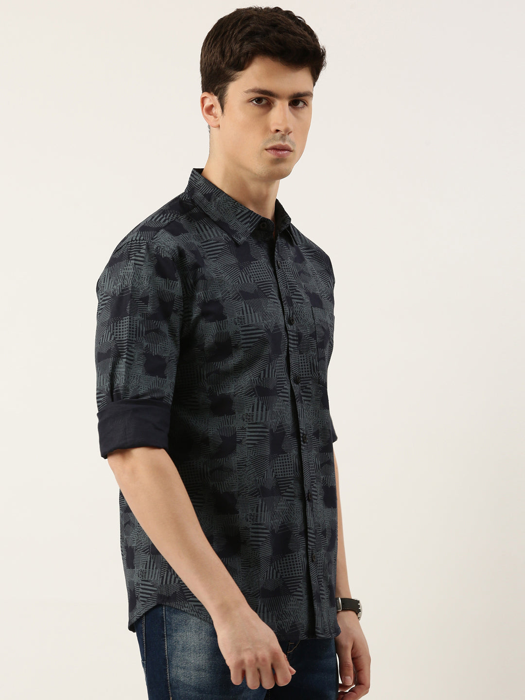 Men Navy Blue Printed Pure Cotton Full Sleeve Casual Shirt