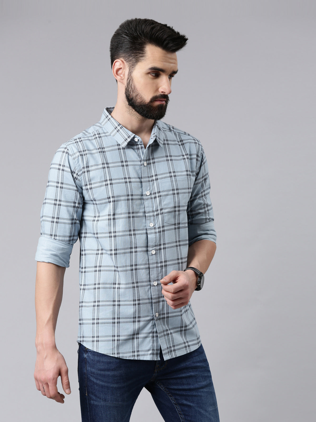 Blue Checked Pure Cotton Casual Full Sleeve Shirt