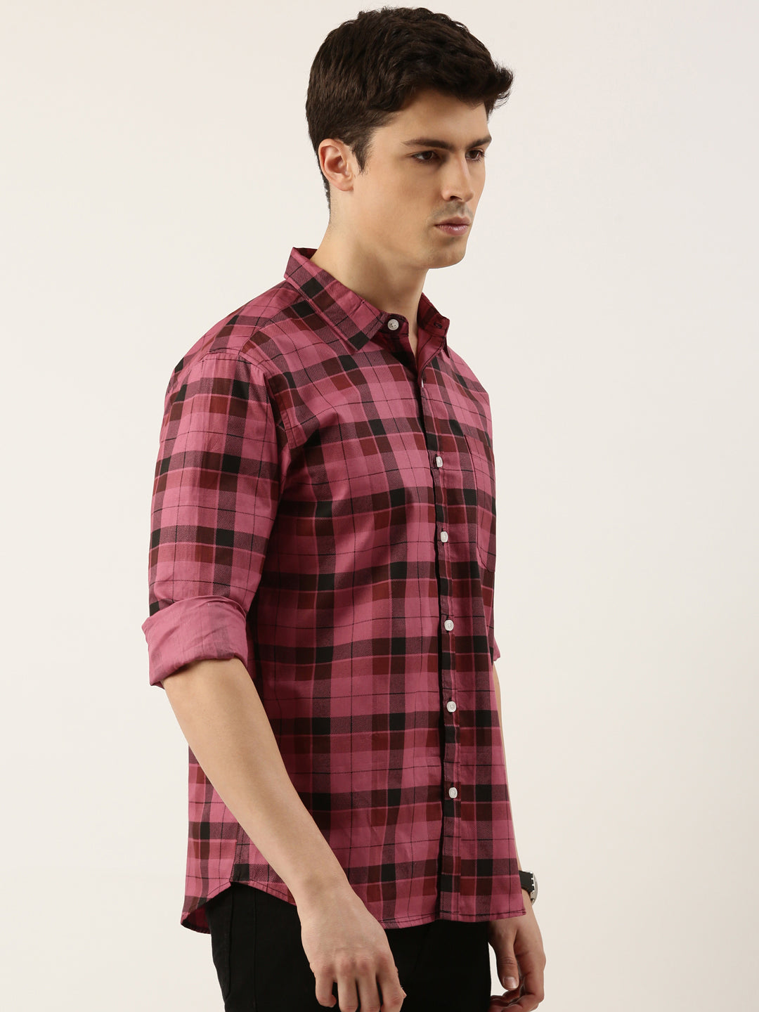 Men Dark Pink Checked Pure Cotton Full Sleeve Casual Shirt