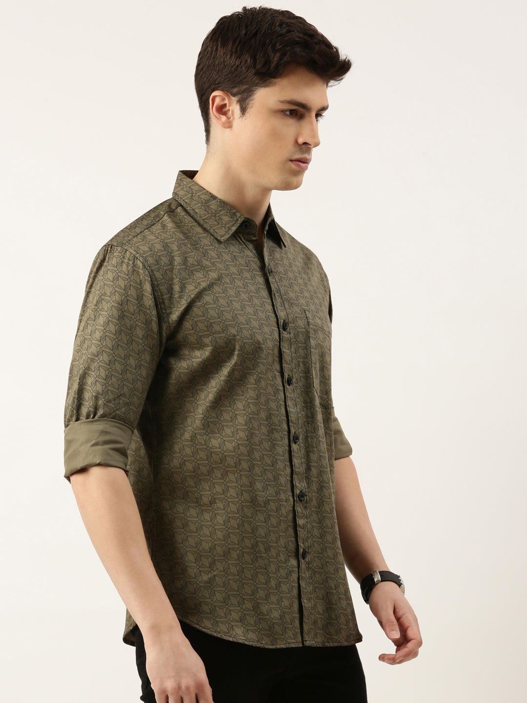 Men Olive Green Printed Pure Cotton Full Sleeve Casual Shirt