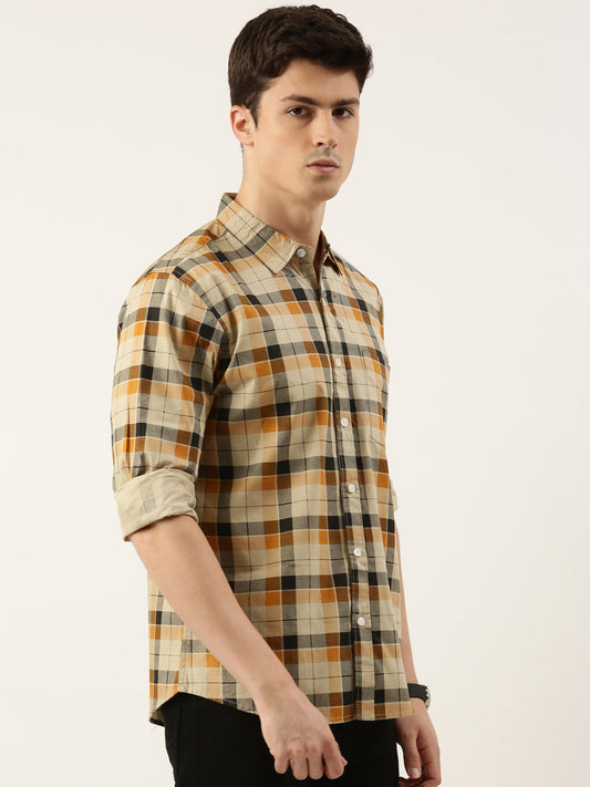 Men Beige Checked Pure Cotton Full Sleeve Casual Shirt