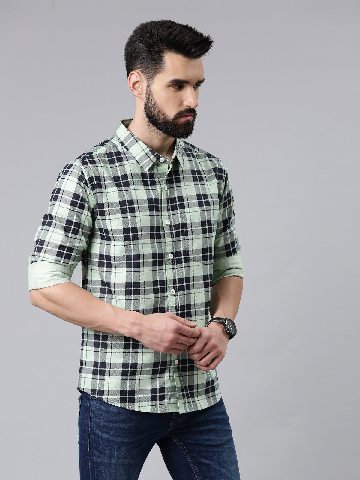 Light Green Checked Pure Cotton Casual Full Sleeve Shirt