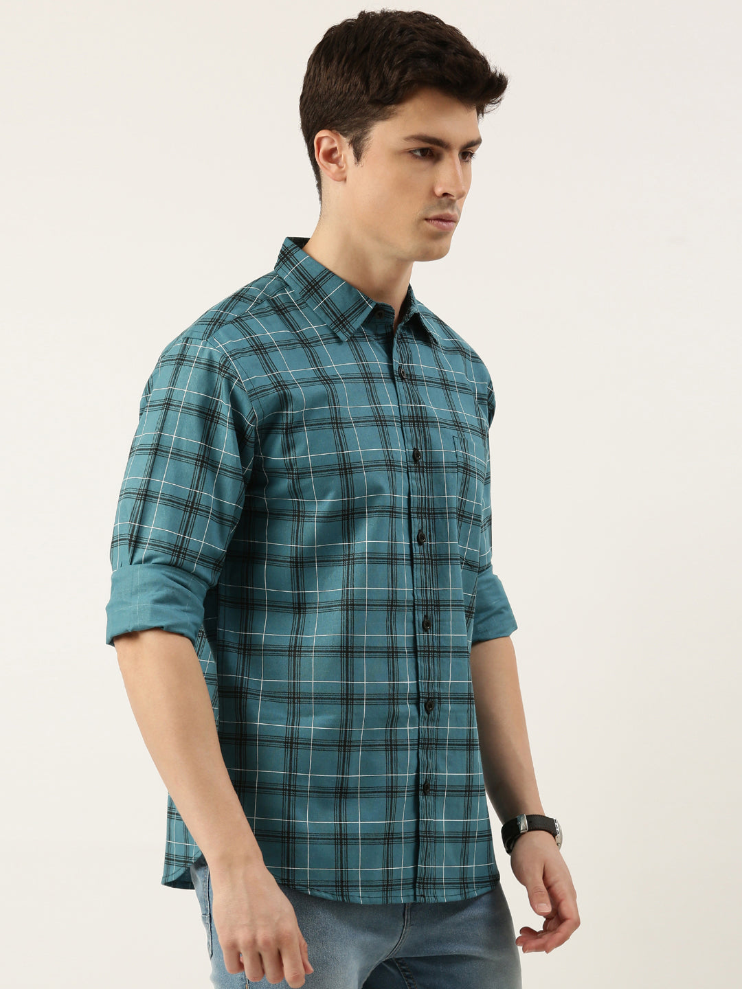 Men Blue Checked Pure Cotton Full Sleeve Casual Shirt