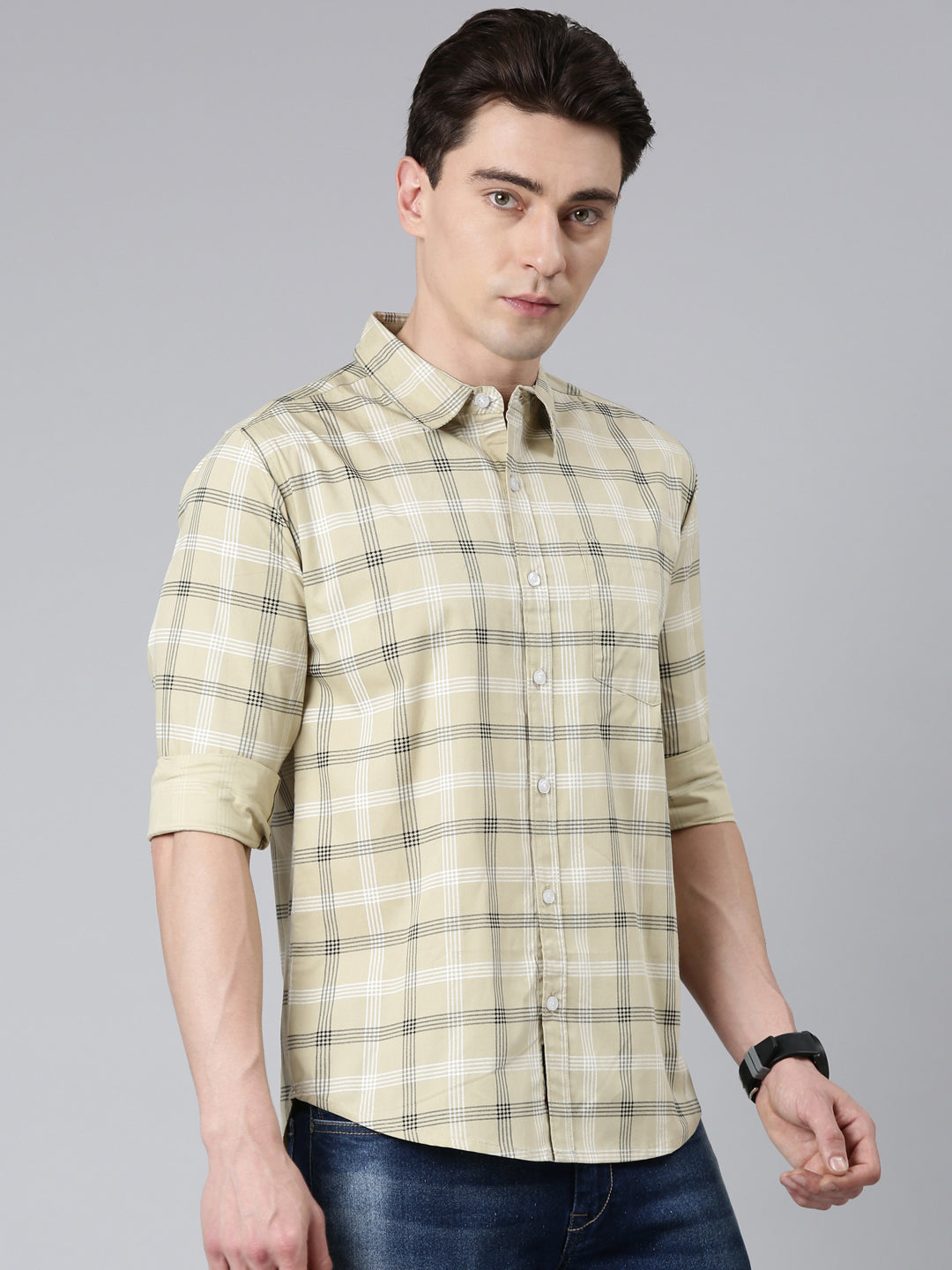 Beige Checked Pure Cotton Full Sleeve Shirt
