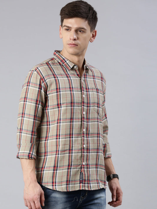 Men Beige Checked Cotton Blend Casual Full Sleeve Shirt