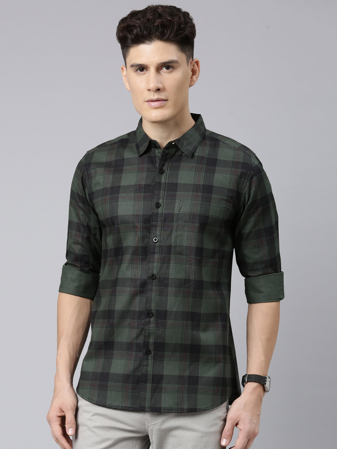 Men Olive And Black Checkered Pure Cotton Full Sleeve Casual Shirt