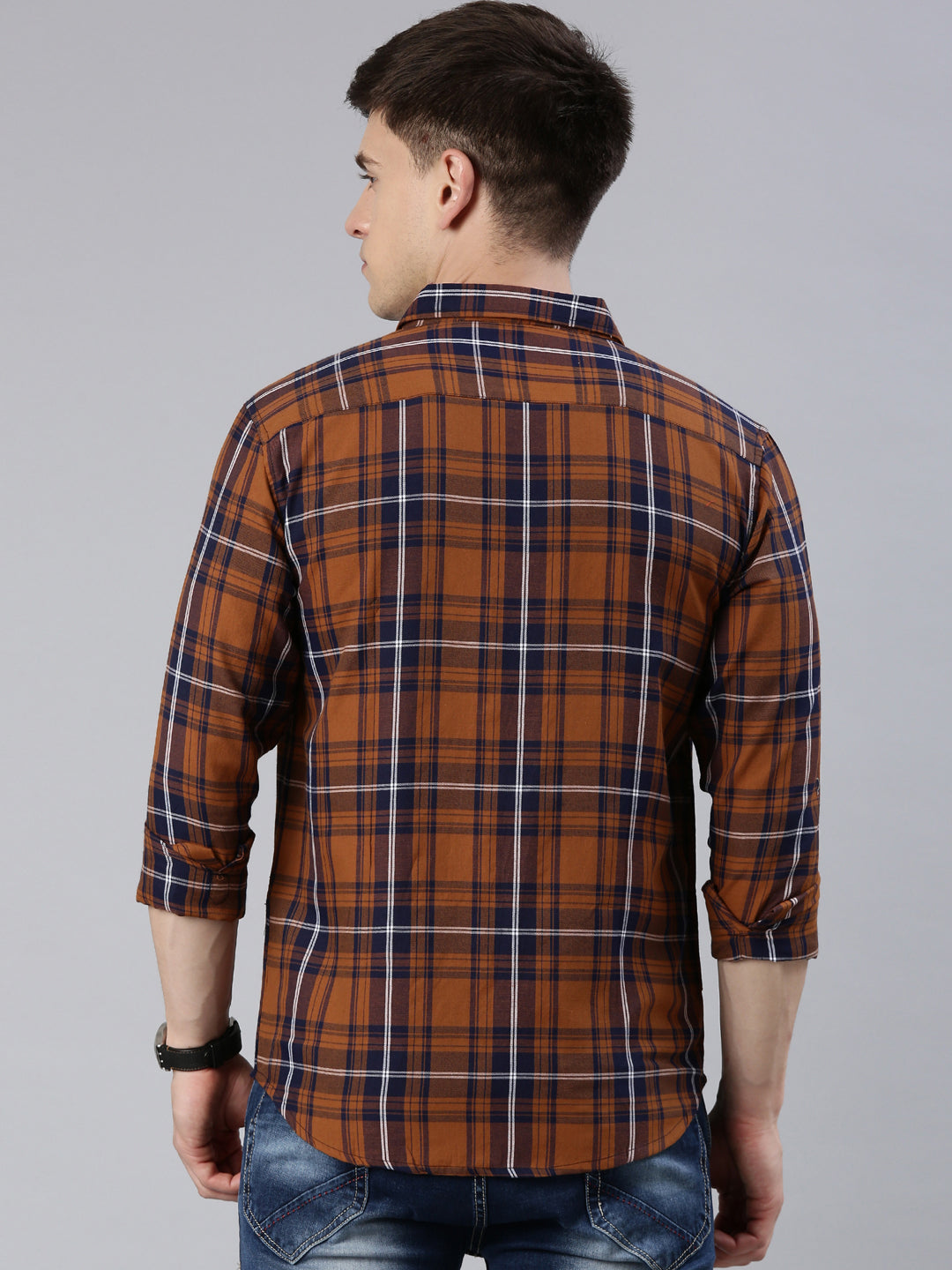 Men Brown Checked Cotton Blend Casual Full Sleeve Shirt