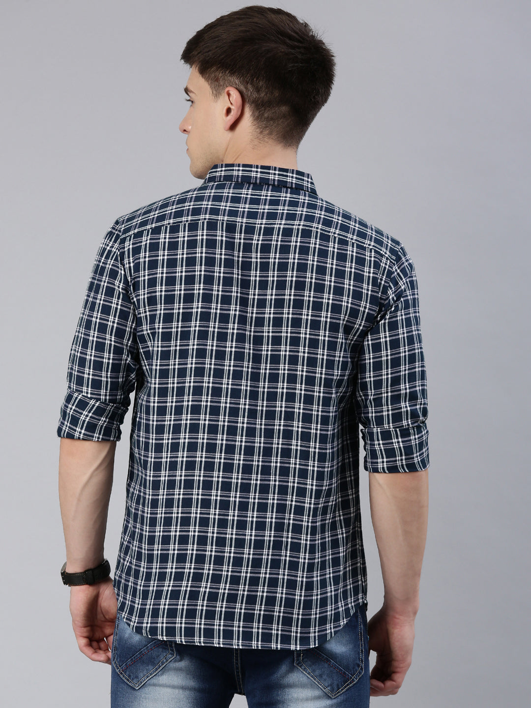 Men Dark Blue Checked Cotton Blend Casual Full Sleeve Shirt