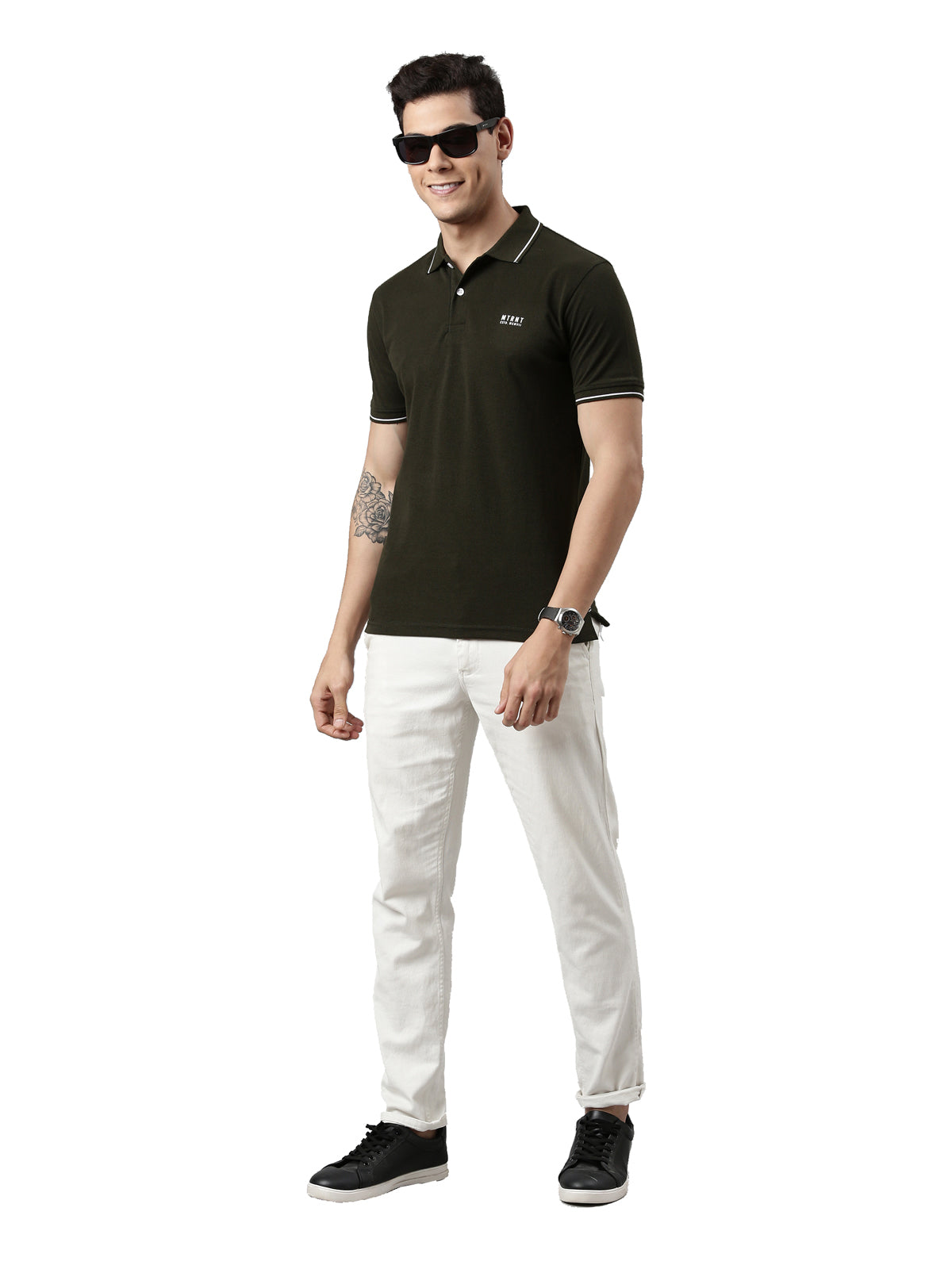 Men Solid Polo Collar Olive T-shirt