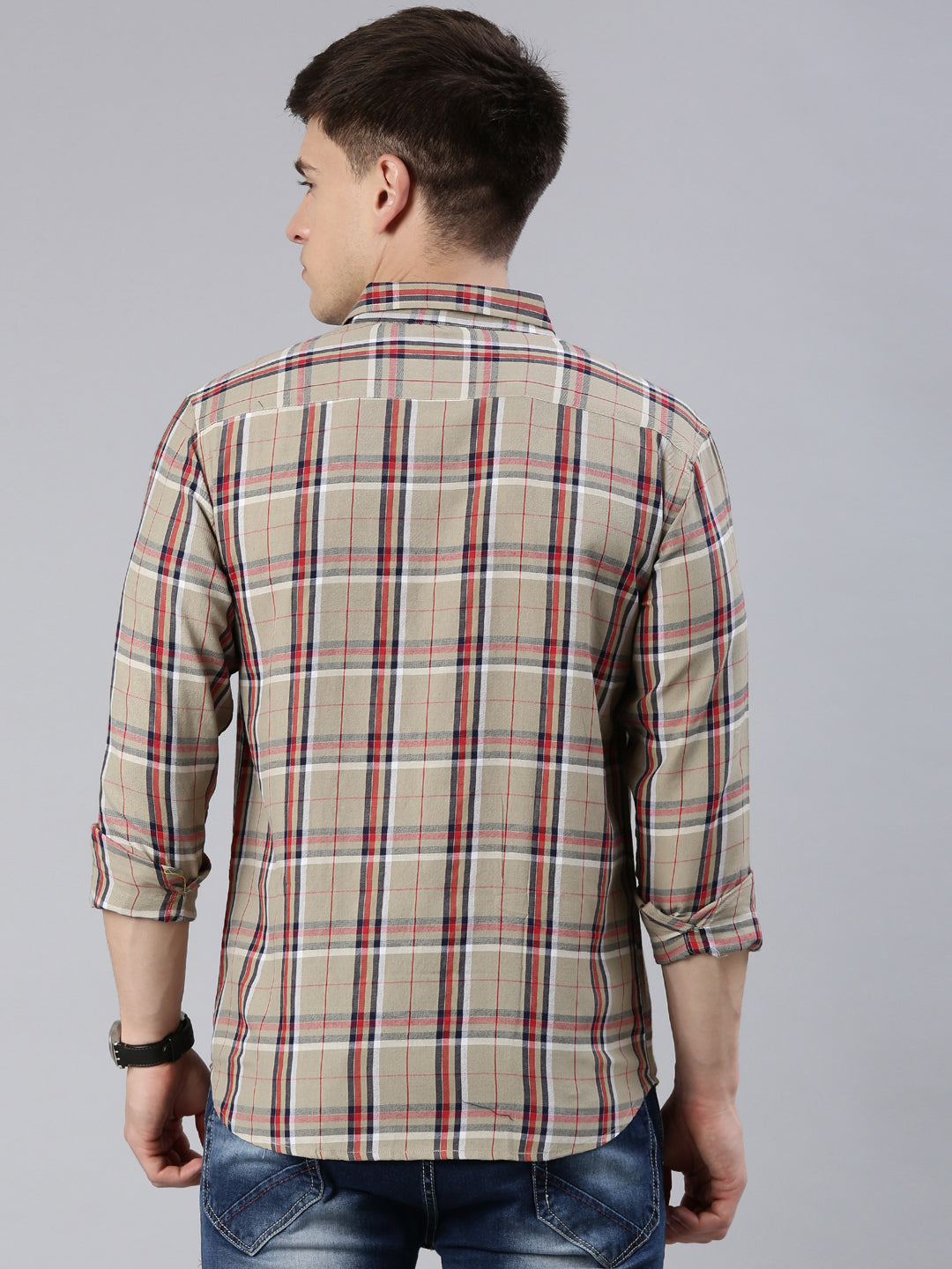 Men Beige Checked Cotton Blend Casual Full Sleeve Shirt