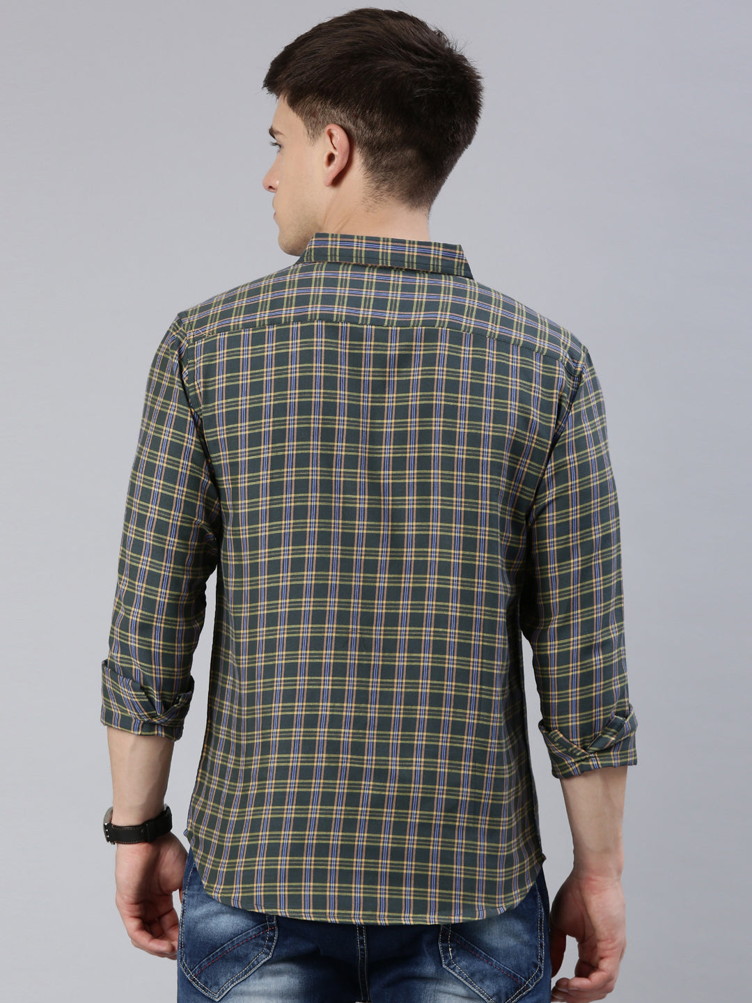 Men Green and Yellow Checked Cotton Blend Casual Full Sleeve Shirt