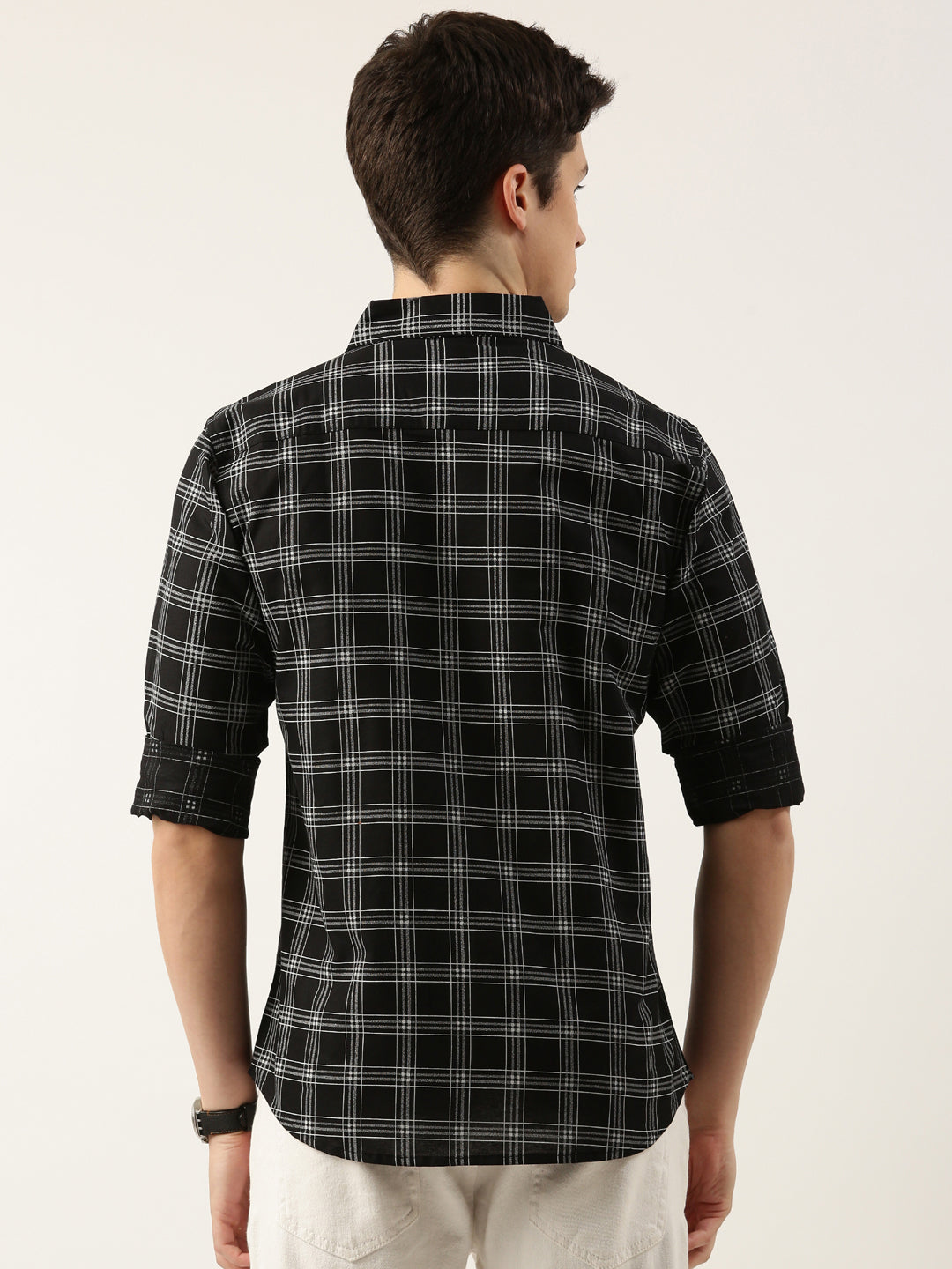 Men Black Checked Pure Cotton Full Sleeve Casual Shirt