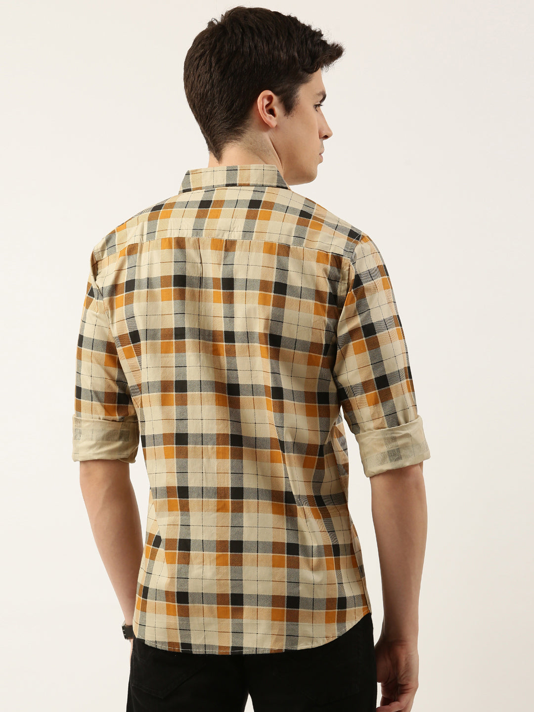 Men Beige Checked Pure Cotton Full Sleeve Casual Shirt